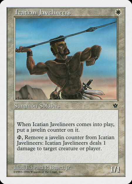 Icatian Javelineers - Icatian Javelineers enters the battlefield with a javelin counter on it.