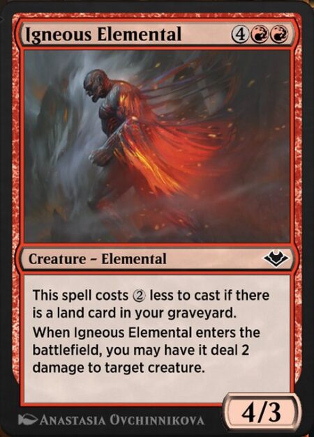 Igneous Elemental - This spell costs {2} less to cast if there is a land card in your graveyard.