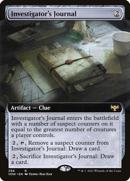 Investigator's Journal - Investigator's Journal enters the battlefield with a number of suspect counters on it equal to the greatest number of creatures a player controls.