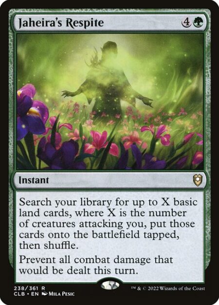 Jaheira's Respite - Search your library for up to X basic land cards