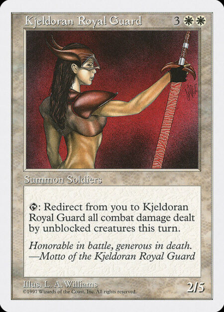 Kjeldoran Royal Guard - {T}: All combat damage that would be dealt to you by unblocked creatures this turn is dealt to Kjeldoran Royal Guard instead.