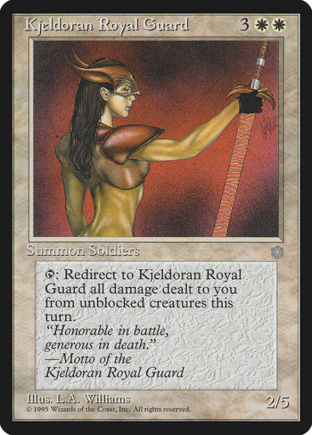 Kjeldoran Royal Guard - {T}: All combat damage that would be dealt to you by unblocked creatures this turn is dealt to Kjeldoran Royal Guard instead.