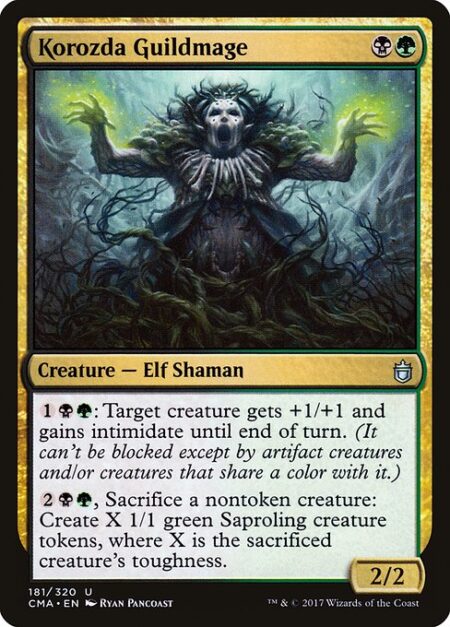 Korozda Guildmage - {1}{B}{G}: Target creature gets +1/+1 and gains intimidate until end of turn. (It can't be blocked except by artifact creatures and/or creatures that share a color with it.)