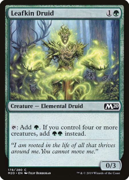 Leafkin Druid - {T}: Add {G}. If you control four or more creatures