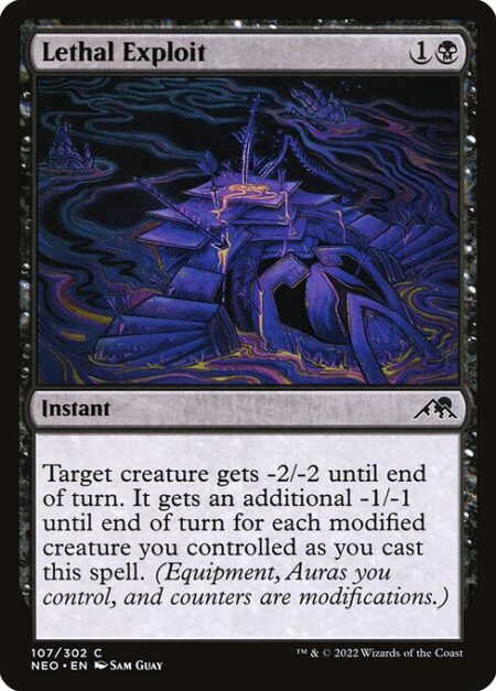 Lethal Exploit - Target creature gets -2/-2 until end of turn. It gets an additional -1/-1 until end of turn for each modified creature you controlled as you cast this spell. (Equipment