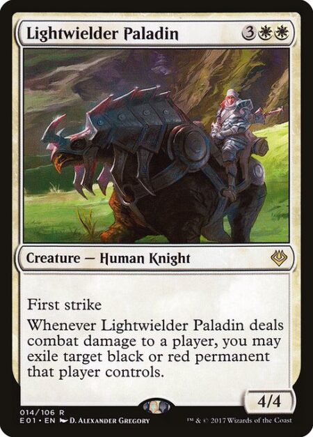 Lightwielder Paladin - First strike (This creature deals combat damage before creatures without first strike.)