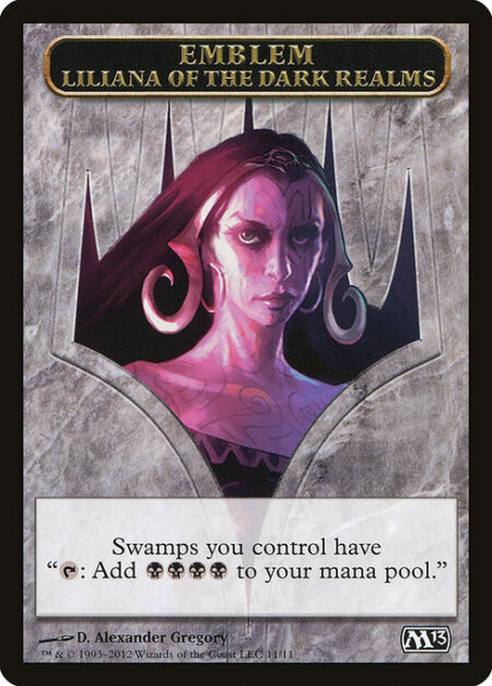 Liliana of the Dark Realms Emblem - Swamps you control have '{T}: Add {B}{B}{B}{B}.'