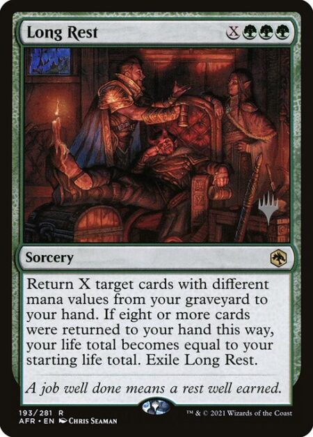 Long Rest - Return X target cards with different mana values from your graveyard to your hand. If eight or more cards were returned to your hand this way