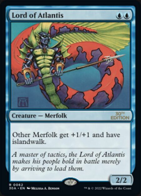Lord of Atlantis - Other Merfolk get +1/+1 and have islandwalk. (They can't be blocked as long as defending player controls an Island.)