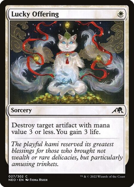 Lucky Offering - Destroy target artifact with mana value 3 or less. You gain 3 life.