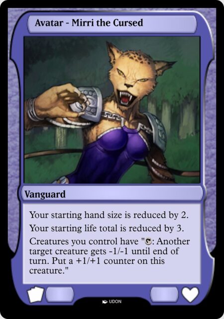Mirri the Cursed Avatar - Creatures you control have "{T}: Another target creature gets -1/-1 until end of turn. Put a +1/+1 counter on this creature."
