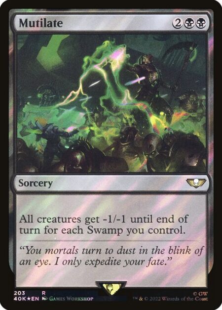 Mutilate - All creatures get -1/-1 until end of turn for each Swamp you control.