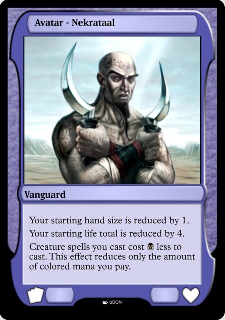 Nekrataal Avatar - Creature spells you cast cost {B} less to cast. This effect reduces only the amount of colored mana you pay.