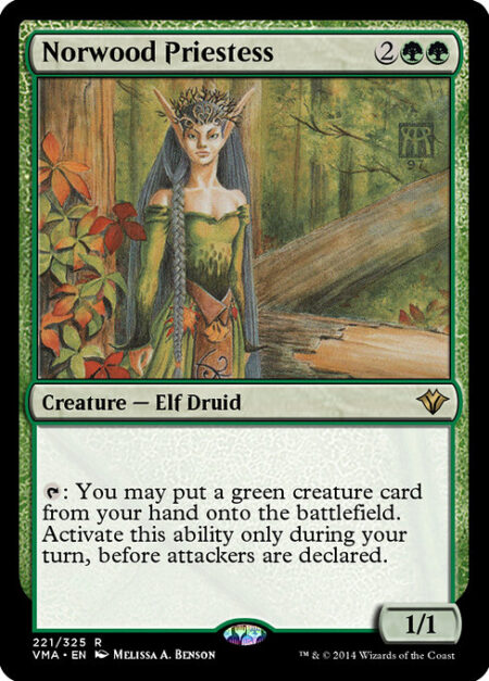 Norwood Priestess - {T}: You may put a green creature card from your hand onto the battlefield. Activate only during your turn