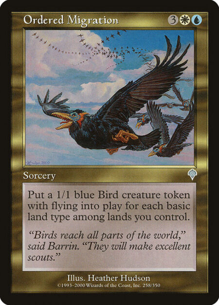 Ordered Migration - Domain — Create a 1/1 blue Bird creature token with flying for each basic land type among lands you control.