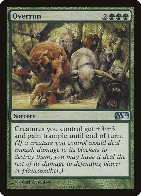 Overrun - Creatures you control get +3/+3 and gain trample until end of turn. (Each of those creatures can deal excess combat damage to the player or planeswalker it's attacking.)