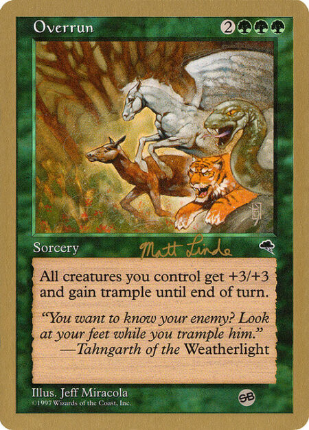 Overrun - Creatures you control get +3/+3 and gain trample until end of turn.