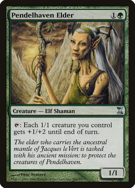 Pendelhaven Elder - {T}: Each 1/1 creature you control gets +1/+2 until end of turn.