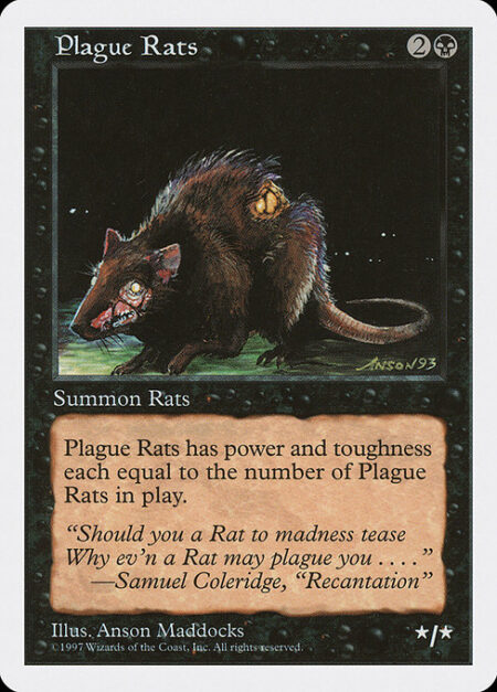 Plague Rats - Plague Rats's power and toughness are each equal to the number of creatures named Plague Rats on the battlefield.