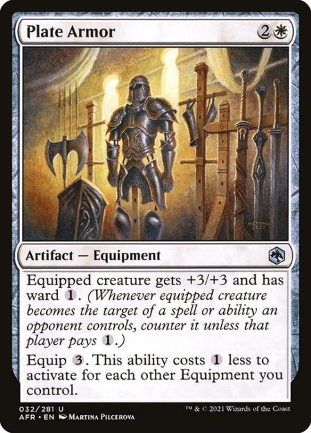 Plate Armor - Equipped creature gets +3/+3 and has ward {1}. (Whenever equipped creature becomes the target of a spell or ability an opponent controls