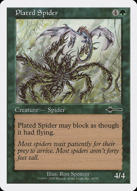 Plated Spider - Reach (This creature can block creatures with flying.)