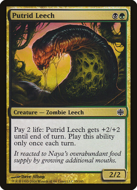 Putrid Leech - Pay 2 life: Putrid Leech gets +2/+2 until end of turn. Activate only once each turn.