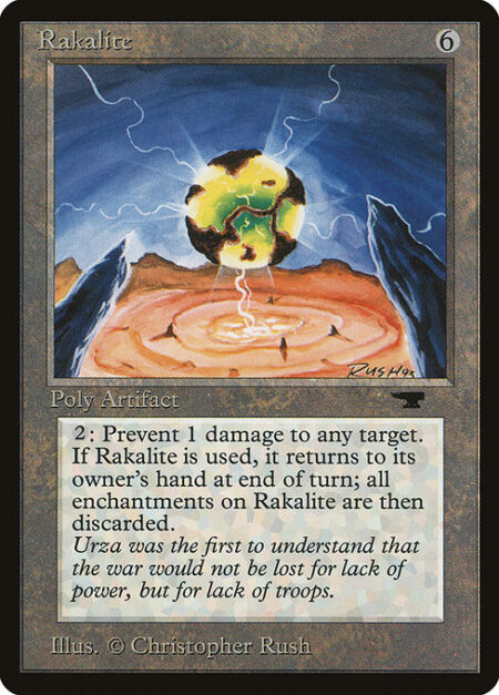 Rakalite - {2}: Prevent the next 1 damage that would be dealt to any target this turn. Return Rakalite to its owner's hand at the beginning of the next end step.