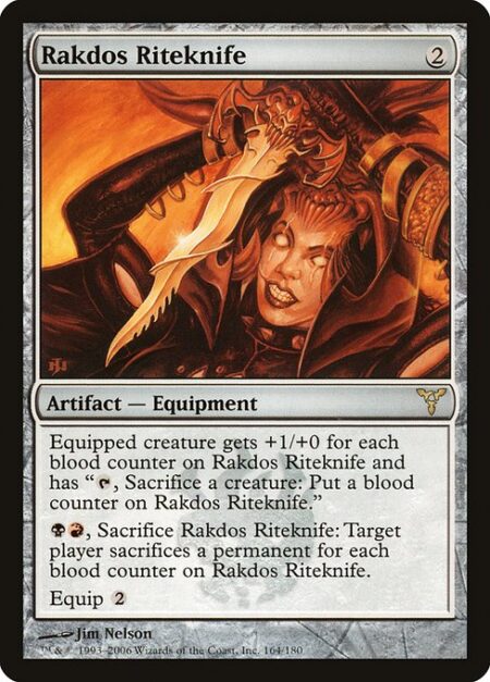 Rakdos Riteknife - Equipped creature gets +1/+0 for each blood counter on Rakdos Riteknife and has "{T}