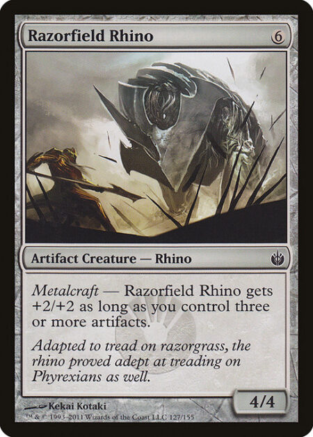 Razorfield Rhino - Metalcraft — Razorfield Rhino gets +2/+2 as long as you control three or more artifacts.