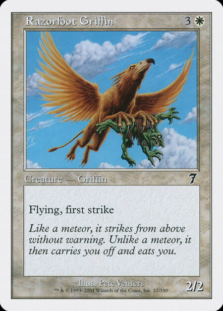 Razorfoot Griffin - Flying (This creature can't be blocked except by creatures with flying or reach.)