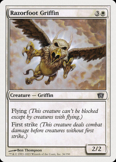 Razorfoot Griffin - Flying (This creature can't be blocked except by creatures with flying or reach.)