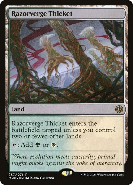 Razorverge Thicket - Razorverge Thicket enters the battlefield tapped unless you control two or fewer other lands.