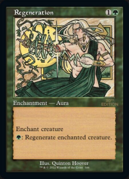 Regeneration - Enchant creature (Target a creature as you cast this. This card enters the battlefield attached to that creature.)