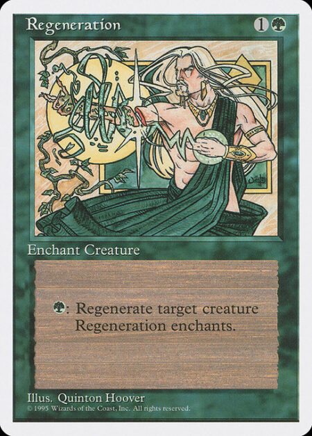 Regeneration - Enchant creature (Target a creature as you cast this. This card enters the battlefield attached to that creature.)