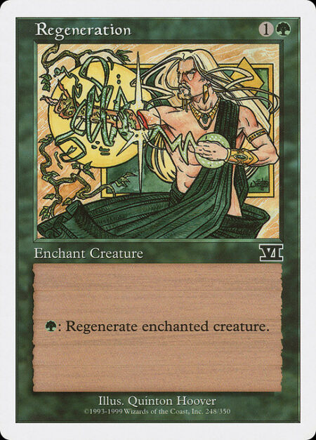 Regeneration - Enchant creature (Target a creature as you cast this. This card enters the battlefield attached to that creature.)