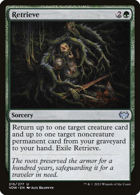 Retrieve - Return up to one target creature card and up to one target noncreature permanent card from your graveyard to your hand. Exile Retrieve.