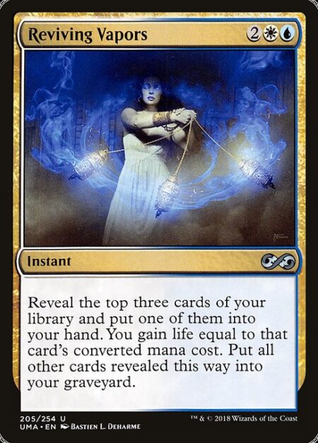 Reviving Vapors - Reveal the top three cards of your library and put one of them into your hand. You gain life equal to that card's mana value. Put all other cards revealed this way into your graveyard.