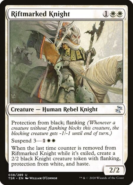Riftmarked Knight - Protection from black; flanking (Whenever a creature without flanking blocks this creature