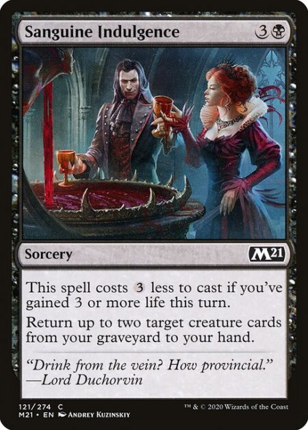 Sanguine Indulgence - This spell costs {3} less to cast if you've gained 3 or more life this turn.