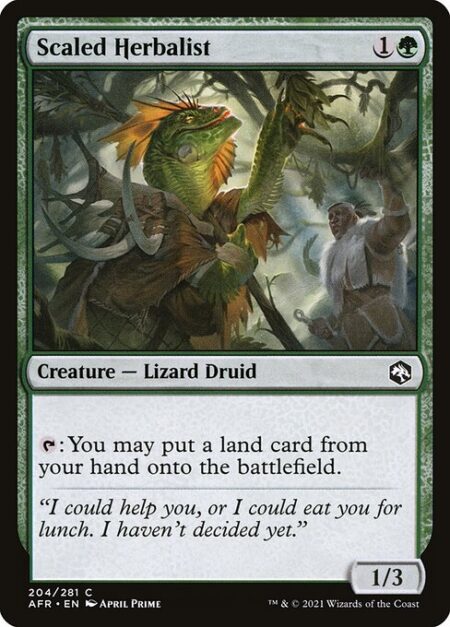 Scaled Herbalist - {T}: You may put a land card from your hand onto the battlefield.