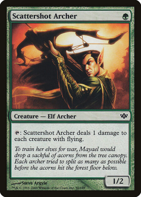 Scattershot Archer - {T}: Scattershot Archer deals 1 damage to each creature with flying.