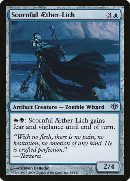 Scornful Aether-Lich - {W}{B}: Scornful Aether-Lich gains fear and vigilance until end of turn. (Attacking doesn't cause it to tap