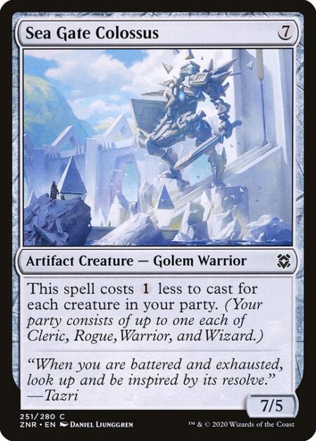 Sea Gate Colossus - This spell costs {1} less to cast for each creature in your party. (Your party consists of up to one each of Cleric