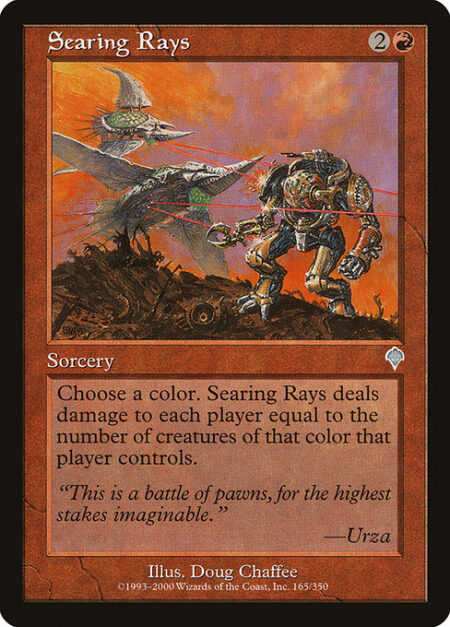 Searing Rays - Choose a color. Searing Rays deals damage to each player equal to the number of creatures of that color that player controls.