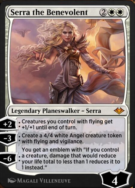 Serra the Benevolent - +2: Creatures you control with flying get +1/+1 until end of turn.