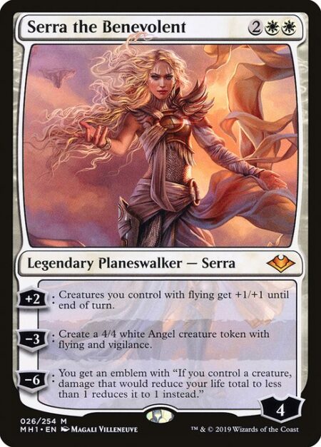 Serra the Benevolent - +2: Creatures you control with flying get +1/+1 until end of turn.