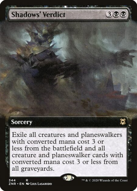 Shadows' Verdict - Exile all creatures and planeswalkers with mana value 3 or less from the battlefield and all creature and planeswalker cards with mana value 3 or less from all graveyards.