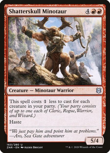 Shatterskull Minotaur - This spell costs {1} less to cast for each creature in your party. (Your party consists of up to one each of Cleric