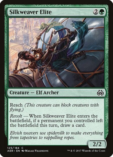 Silkweaver Elite - Reach (This creature can block creatures with flying.)
