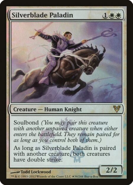 Silverblade Paladin - Soulbond (You may pair this creature with another unpaired creature when either enters the battlefield. They remain paired for as long as you control both of them.)